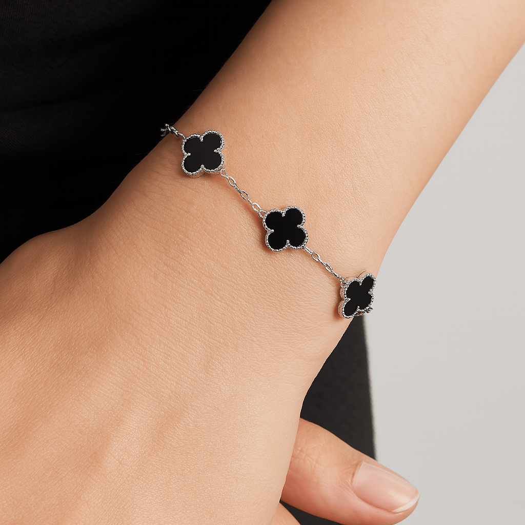 Clover Bracelet Onyx Gemstone Lucky Clover Four Leaf Flower Silver Charm Bracelet - Seven Gates