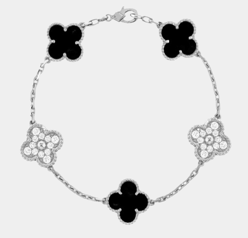 Clover Bracelet Onyx With Zircon Lucky Clover Four Leaf Flower Silver Charm Bracelet - Seven Gates
