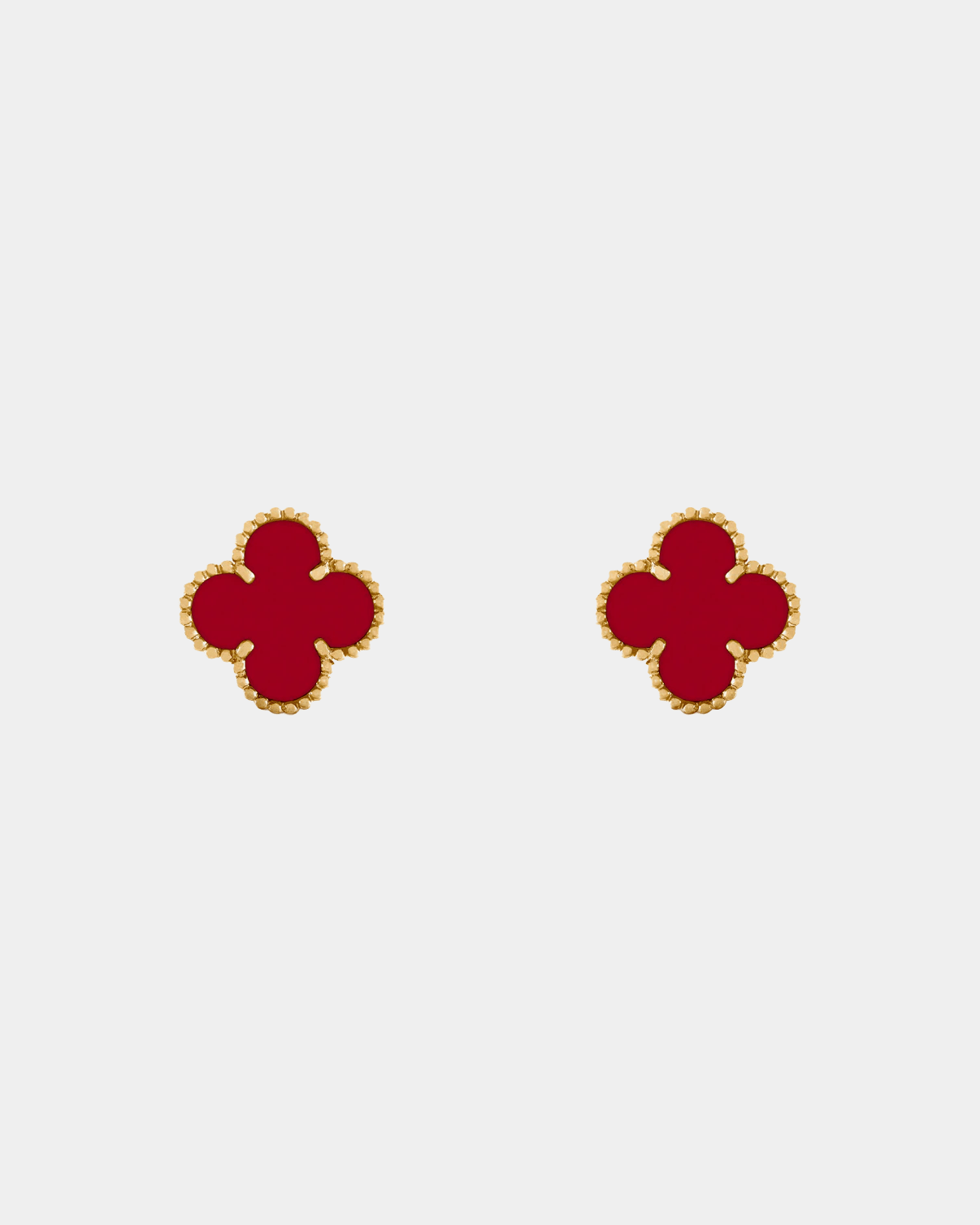 Red Carnelian clover earrings in 18k gold setting, Van Cleef inspired four-leaf gemstone jewellery for women.