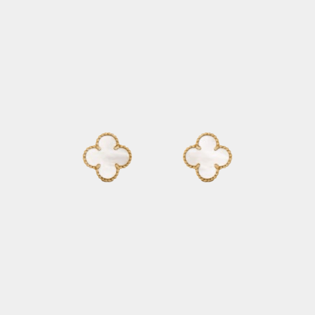 Clover Earrings Mini Four Leaf Flower 18k Yellow Gold Mother of Pearl Gemstone - Seven Gates