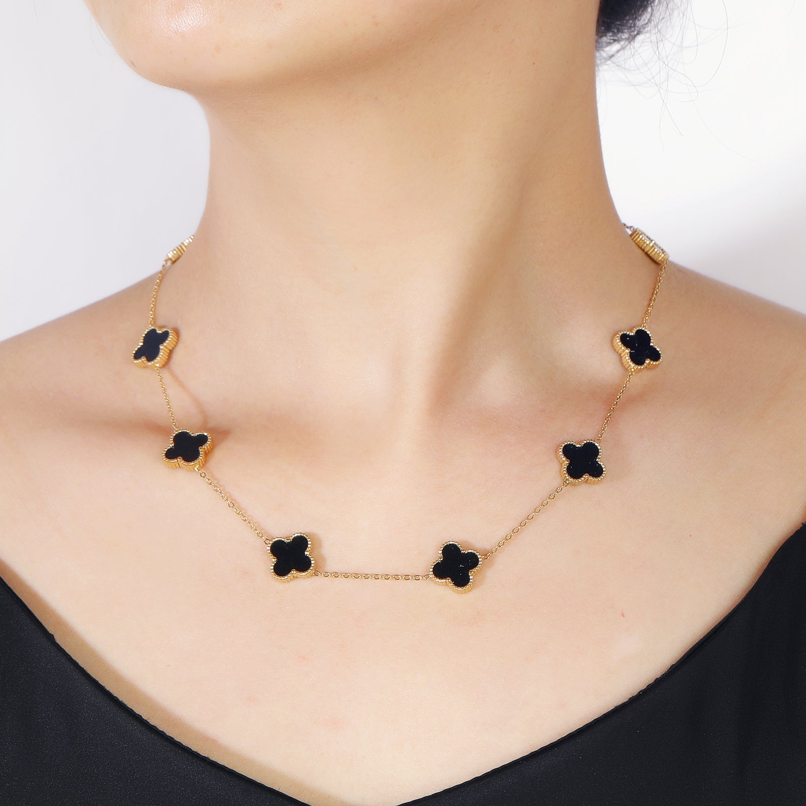 Clover Necklace 10 Motifs Black Onyx Stone 18k Gold Four Leaf Clover - Seven Gates