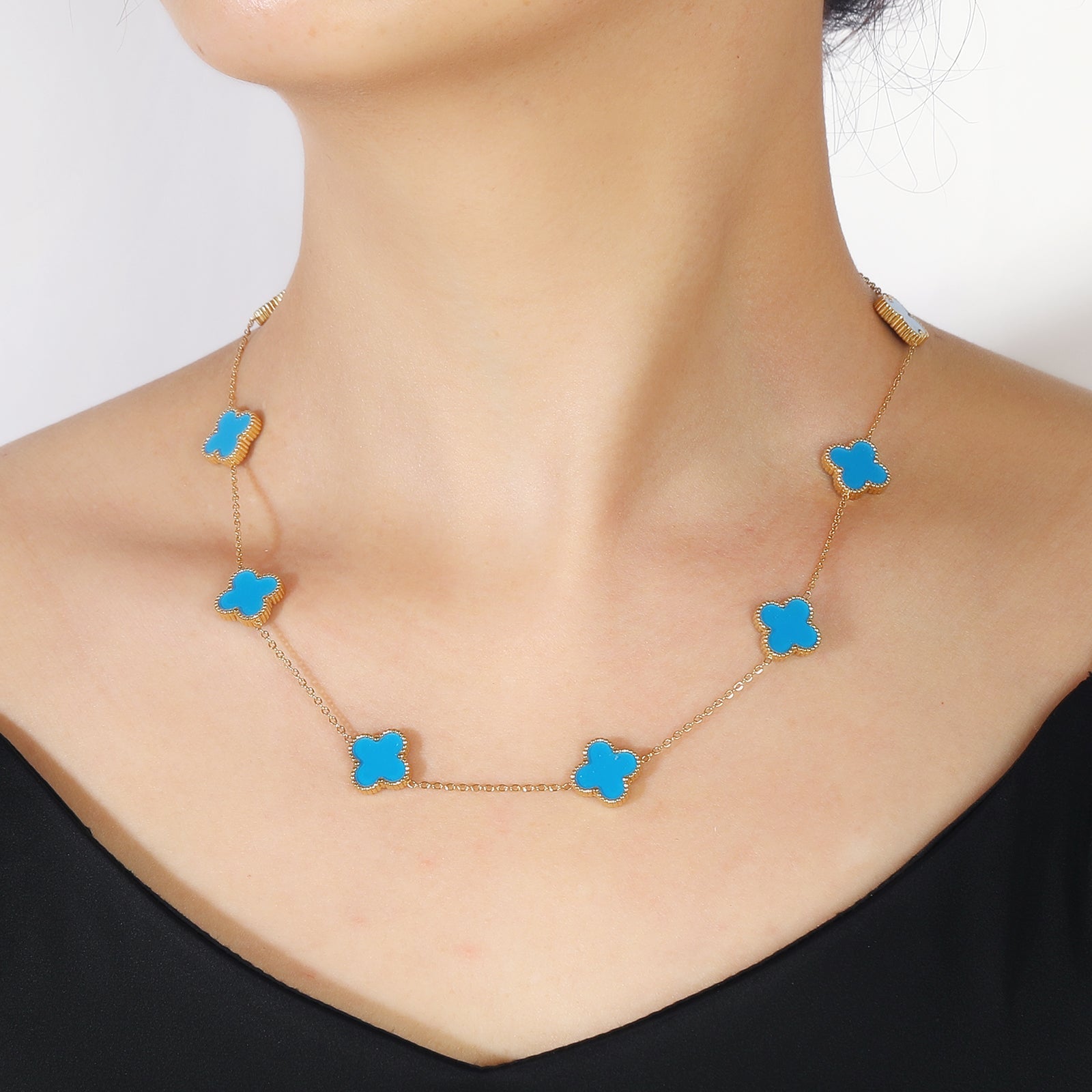 Clover Necklace 10 Motifs Ocean Blue 18k Gold Four Leaf Clover - Seven Gates