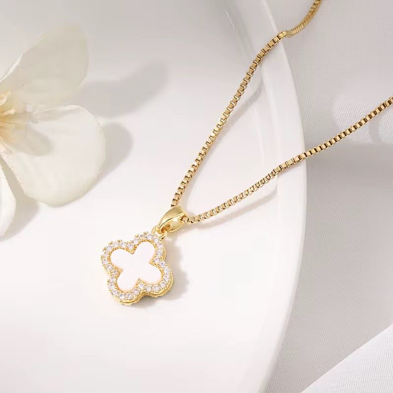 Clover Necklace 18k Gold With Zircon Trim Double Sided Four Leaf Clover Flower - Seven Gates