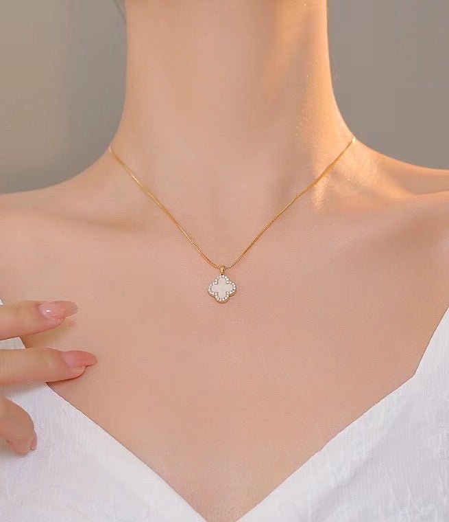 Clover Necklace 18k Gold With Zircon Trim Double Sided Four Leaf Clover Flower - Seven Gates