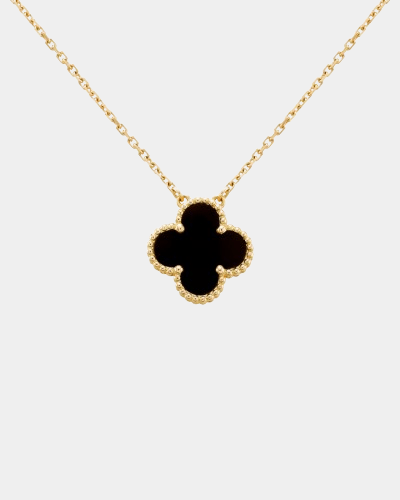 18k gold Black Onyx clover necklace featuring a four-leaf flower pendant, Van Cleef inspired luxury jewellery.