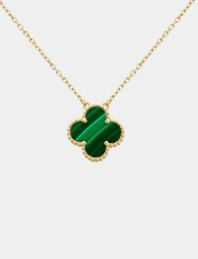 18k gold Malachite clover necklace with a signature green gemstone pendant, Van Cleef inspired luxury jewellery for women.