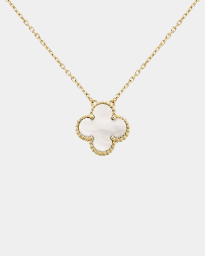 18k gold Mother of Pearl clover necklace with iridescent shell inlay, Van Cleef inspired luxury jewellery for women.