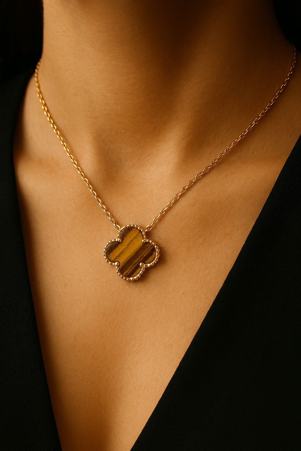 Clover Necklace Four Leaf Tiger Eye Gemstone 18k Gold Pendant Necklace - Seven Gates