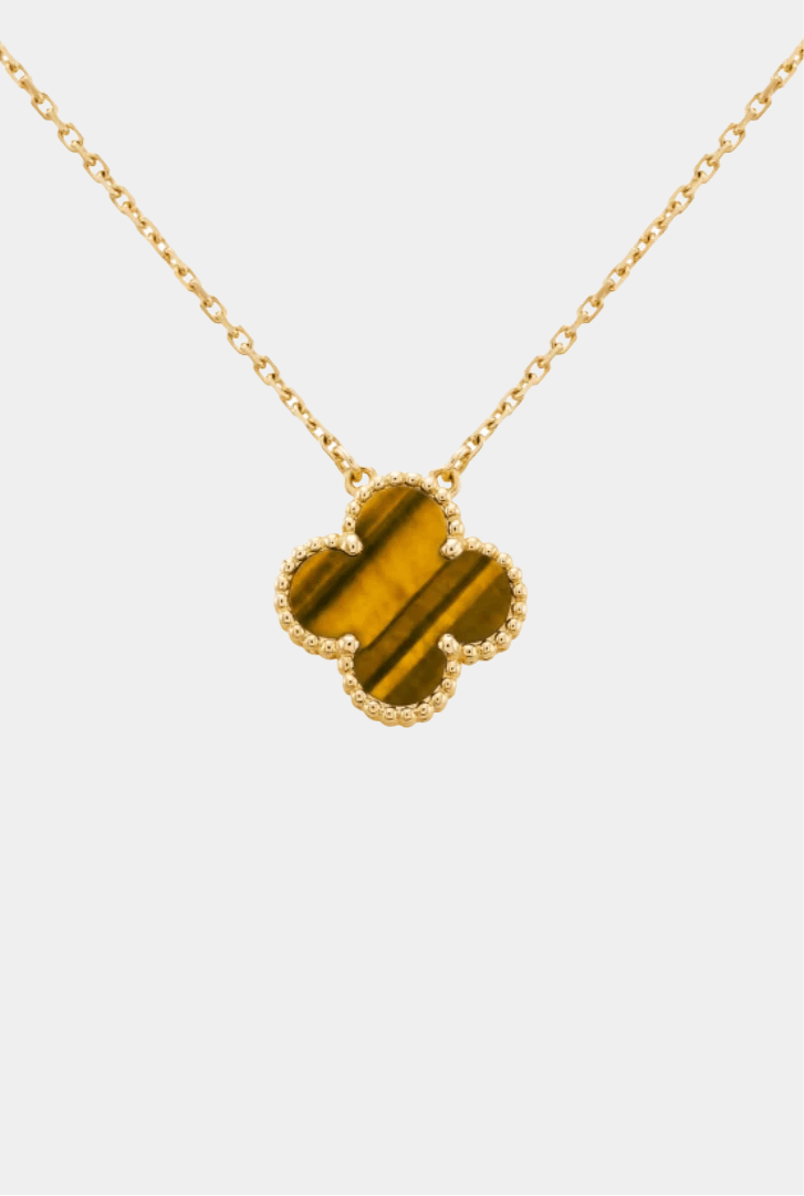 Clover Necklace Four Leaf Tiger Eye Gemstone 18k Gold Pendant Necklace - Seven Gates
