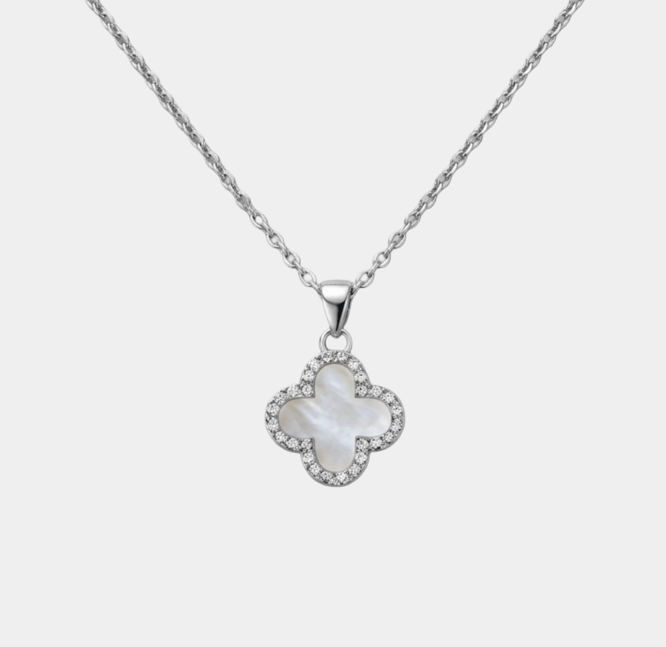 Clover Necklace Silver With Zircon Trim Double Sided Four Leaf Clover Flower - Seven Gates