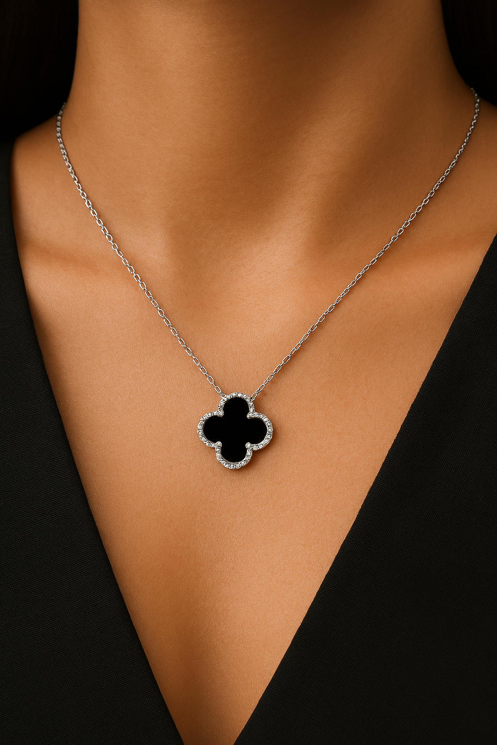 Clover Necklace Lucky Clover Onxy Four Leaf Flower Silver Pendant Necklace