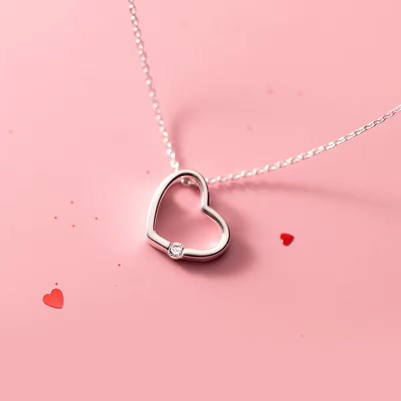 Love Heart Necklace Hallow Pendant With Zircon Crystal In S925 Sterling Silver With Zircon - Seven Gates