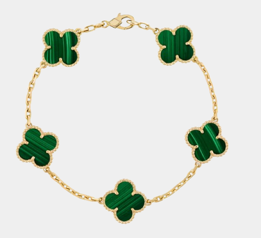 Clover Bracelet Malachite Gemstone Four Leaf Flower 18k Yellow Gold Charm