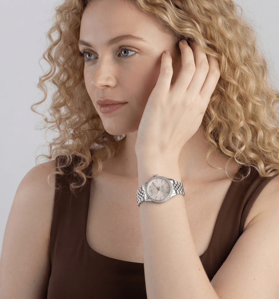 Vivienne Pink Dial Crystal Watch in Silver - Seven Gates